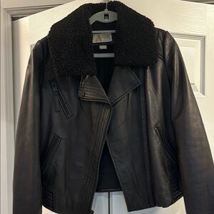 Michael Kors Black Leather Jacket with Shearling Collar